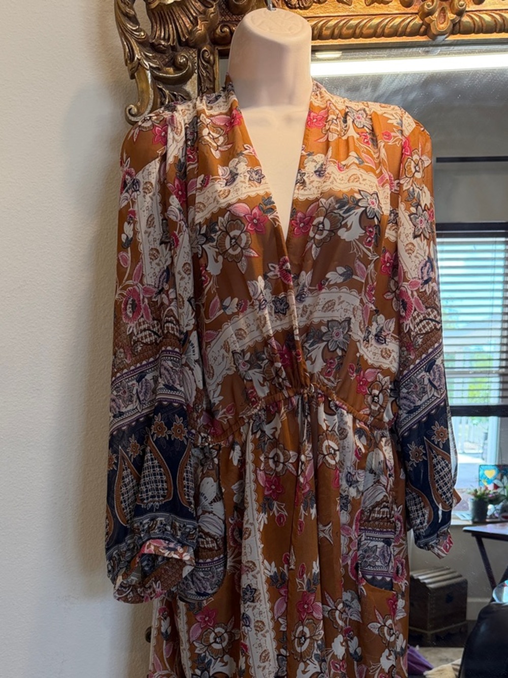 Umgee USA Boho Floral Long Sleeve Maxi Dress sun coverup sheer dress pockets